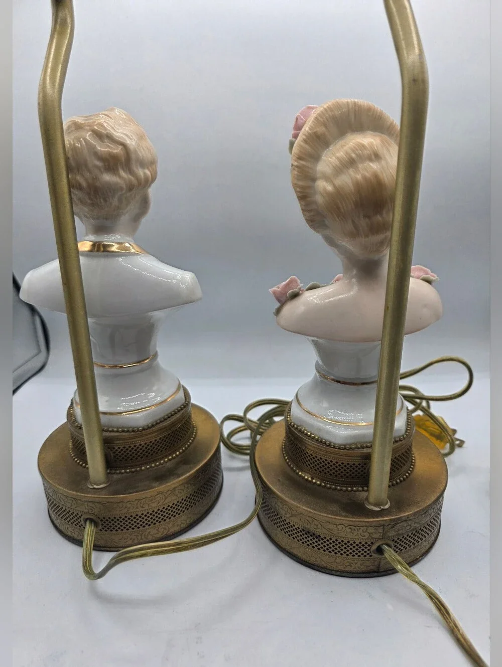 Vintage Porcelain Figural Bust Lamps with Pink Rose Accents